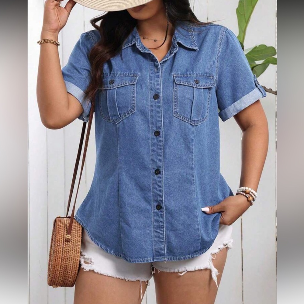 Plus Size Denim Flap Pockets Short Sleeves Top Blouse Button Down Skirt Blue